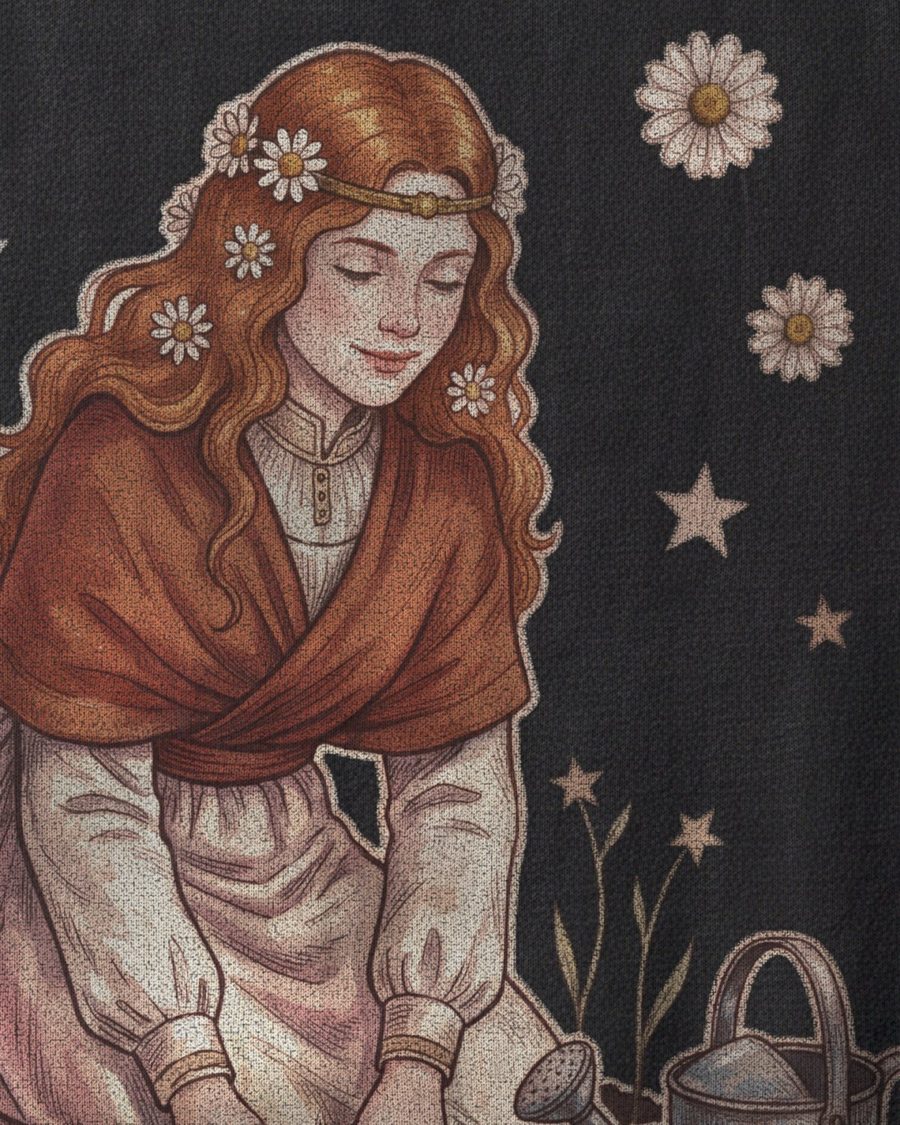 Close view of The Star Gardener print on the mock shirt.